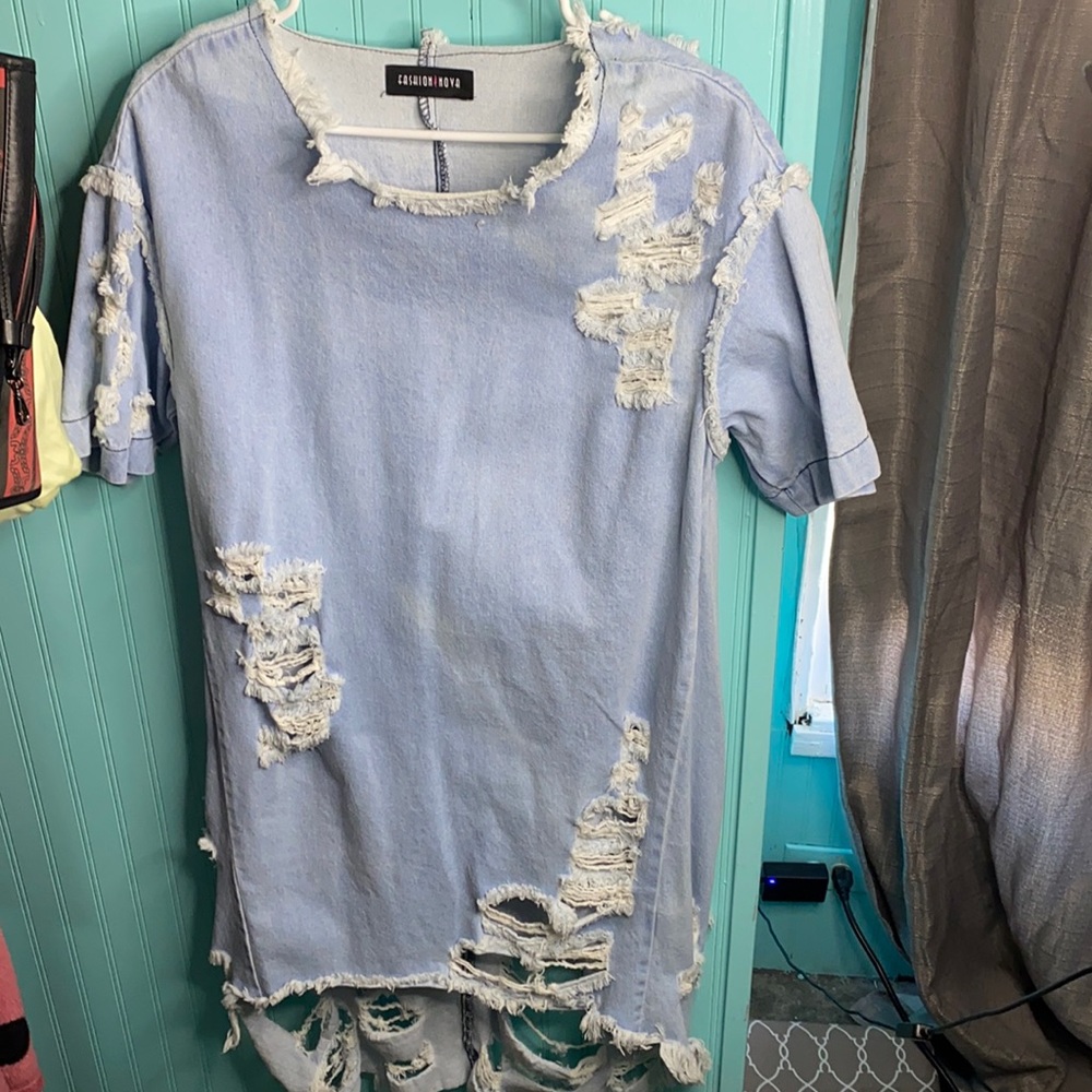 Fashion Nova light blue denim distressed dress M